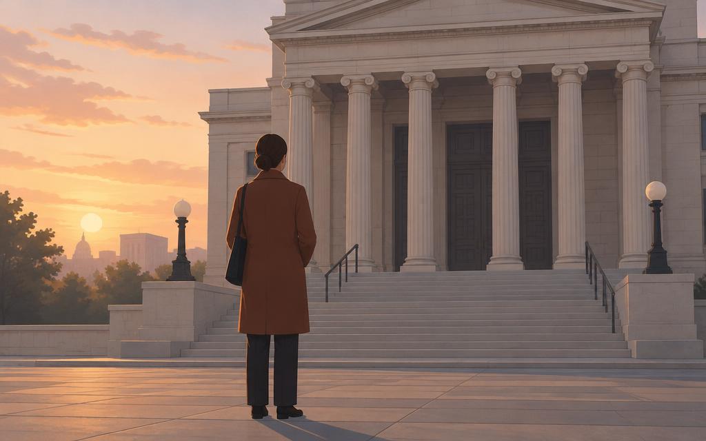 Illustration: a person standing quietly outside a closed courthouse at dawn